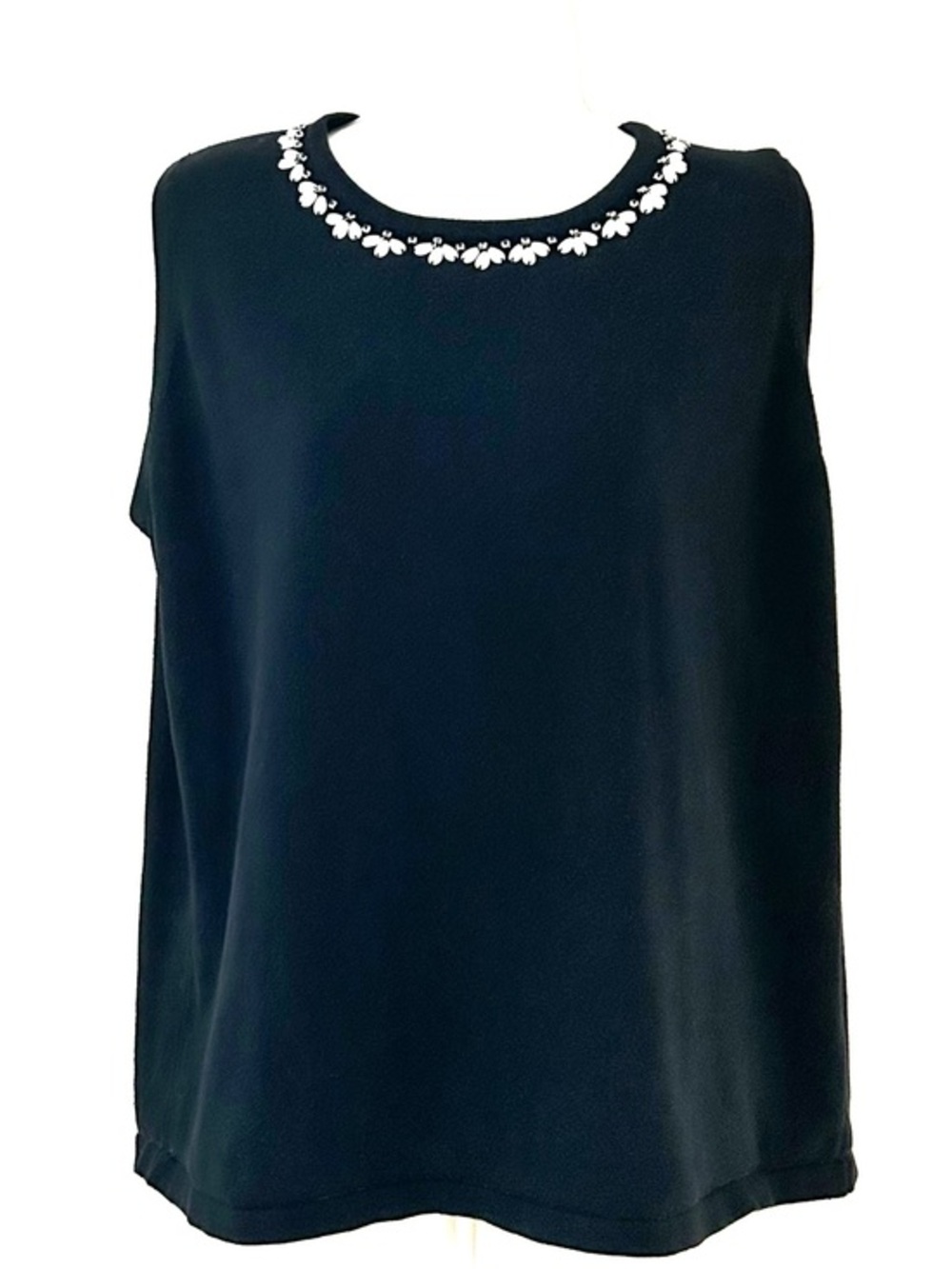 dressbarn Black Sleeveless Top with Rhinestone Floral Neckline
